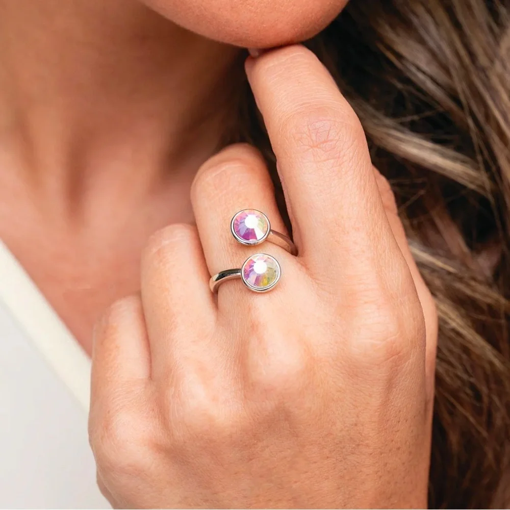 Curled up ring with two Swarovski crystals in Aurore Boreale fits size 6-7 BNIB